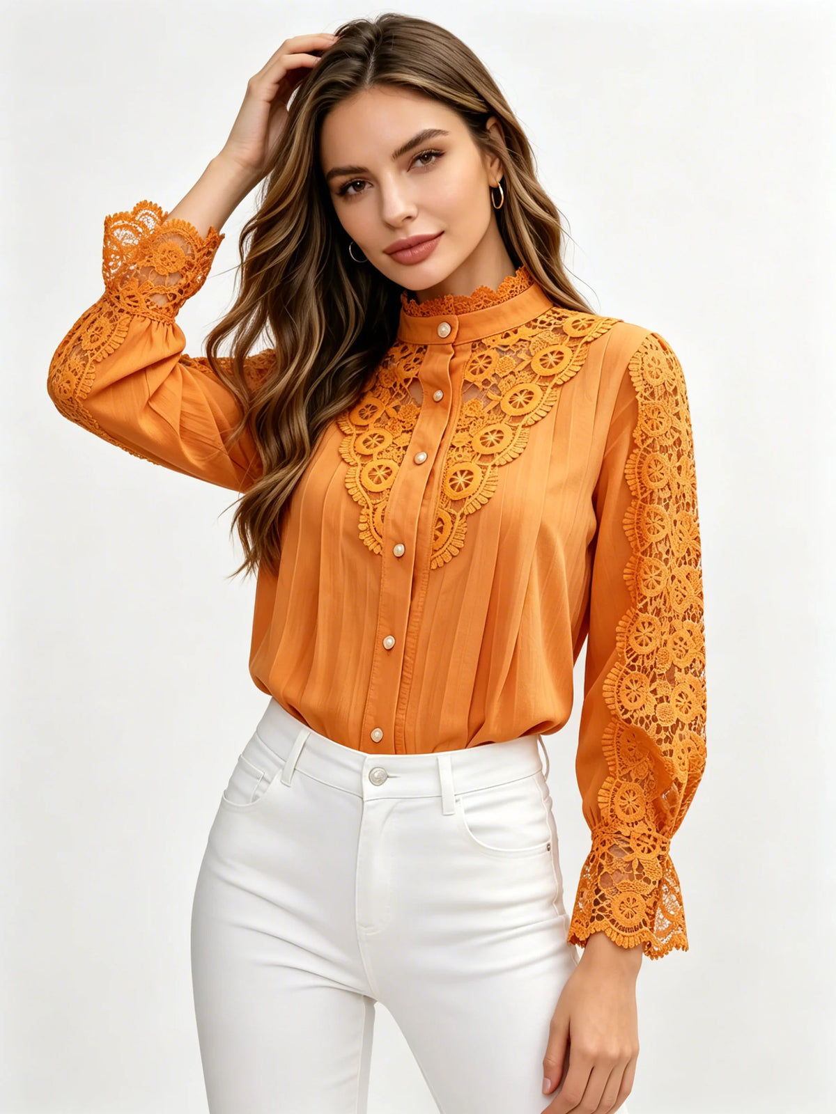 Women's Elegant Orange Lace Splicing Blouse Stand Button Up Long Sleeve Casual Shirt For Daily Wear