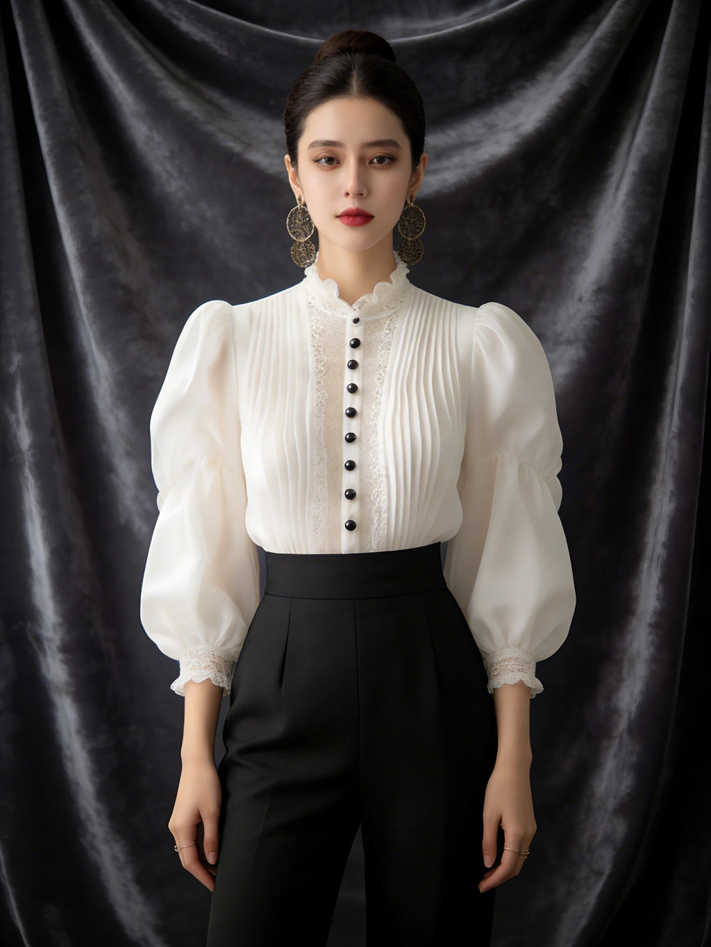 Elegant White Puff Sleeve Blouse Women's Peter Pan Collar Lace Trim Regular Fit Spring Summer Blouse