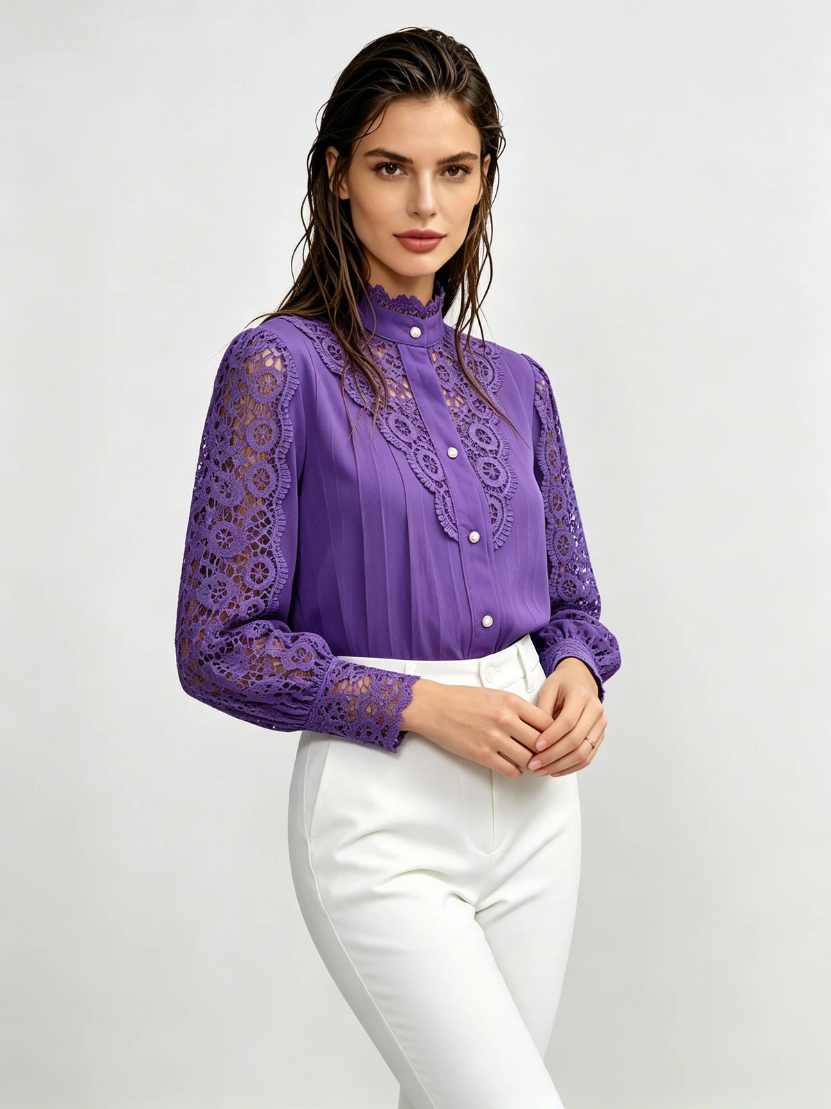 Women's Premium Purple Woven Stand Collar Blouse Winter Modern Elegance Style Wholesale