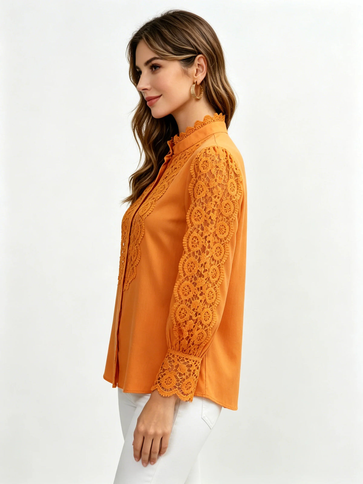 Women's Elegant Orange Lace Splicing Blouse Stand Button Up Long Sleeve Casual Shirt For Daily Wear