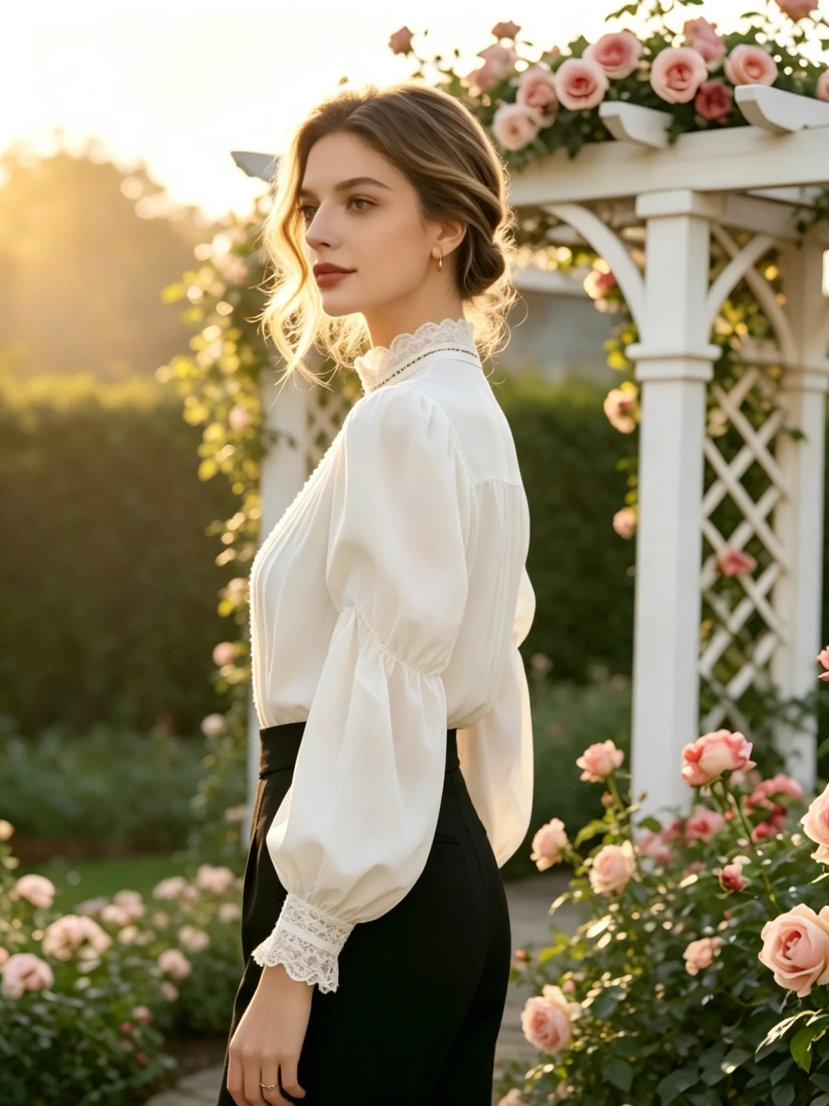 Victorian Style White Blouse with Black Lace Trim - Elegant Mock Neck Blouse with Puff Bishop Sleeves