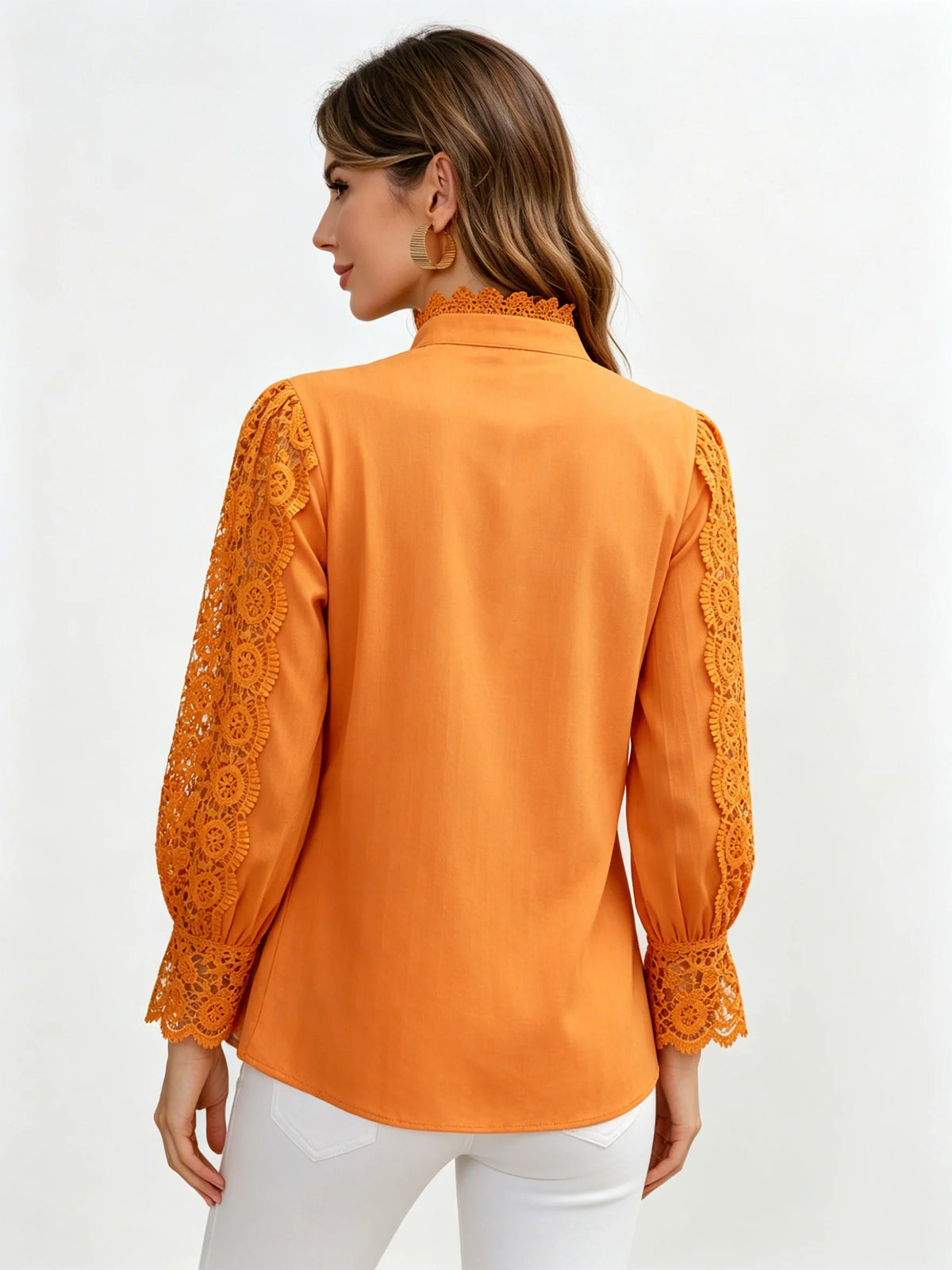 Women's Elegant Orange Lace Splicing Blouse Stand Button Up Long Sleeve Casual Shirt For Daily Wear