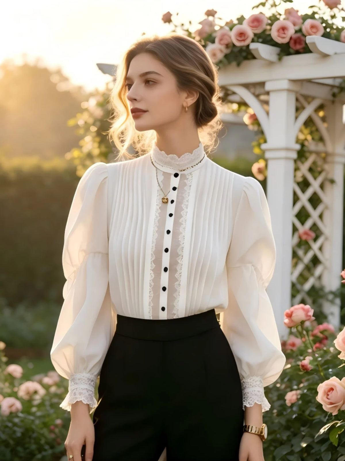Victorian Style White Blouse with Black Lace Trim - Elegant Mock Neck Blouse with Puff Bishop Sleeves