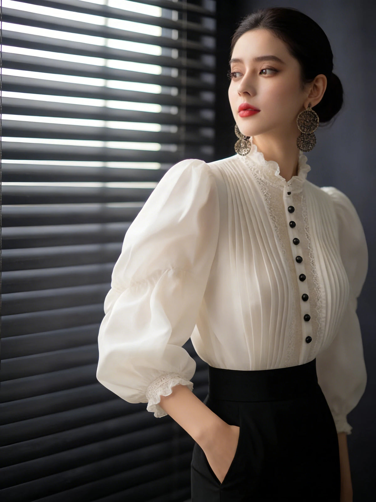 Elegant White Puff Sleeve Blouse Women's Peter Pan Collar Lace Trim Regular Fit Spring Summer Blouse
