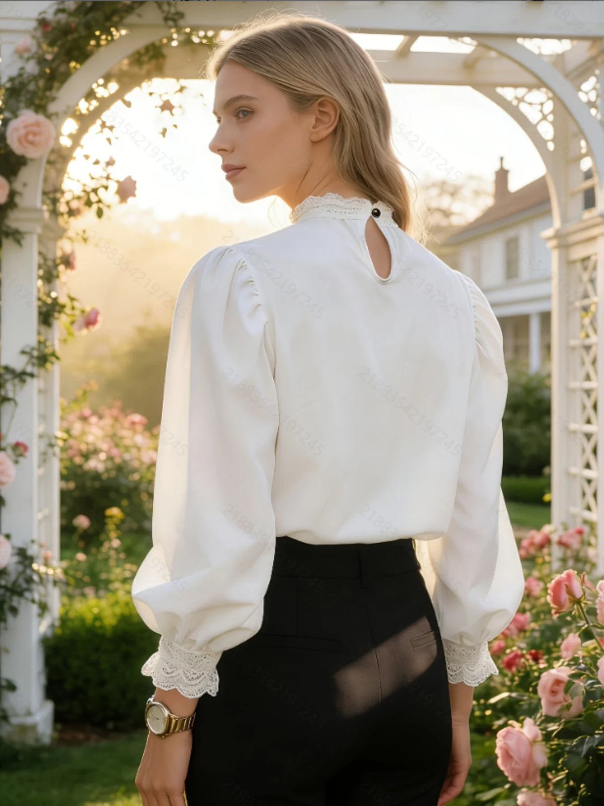Victorian Style White Blouse with Black Lace Trim - Elegant Mock Neck Blouse with Puff Bishop Sleeves