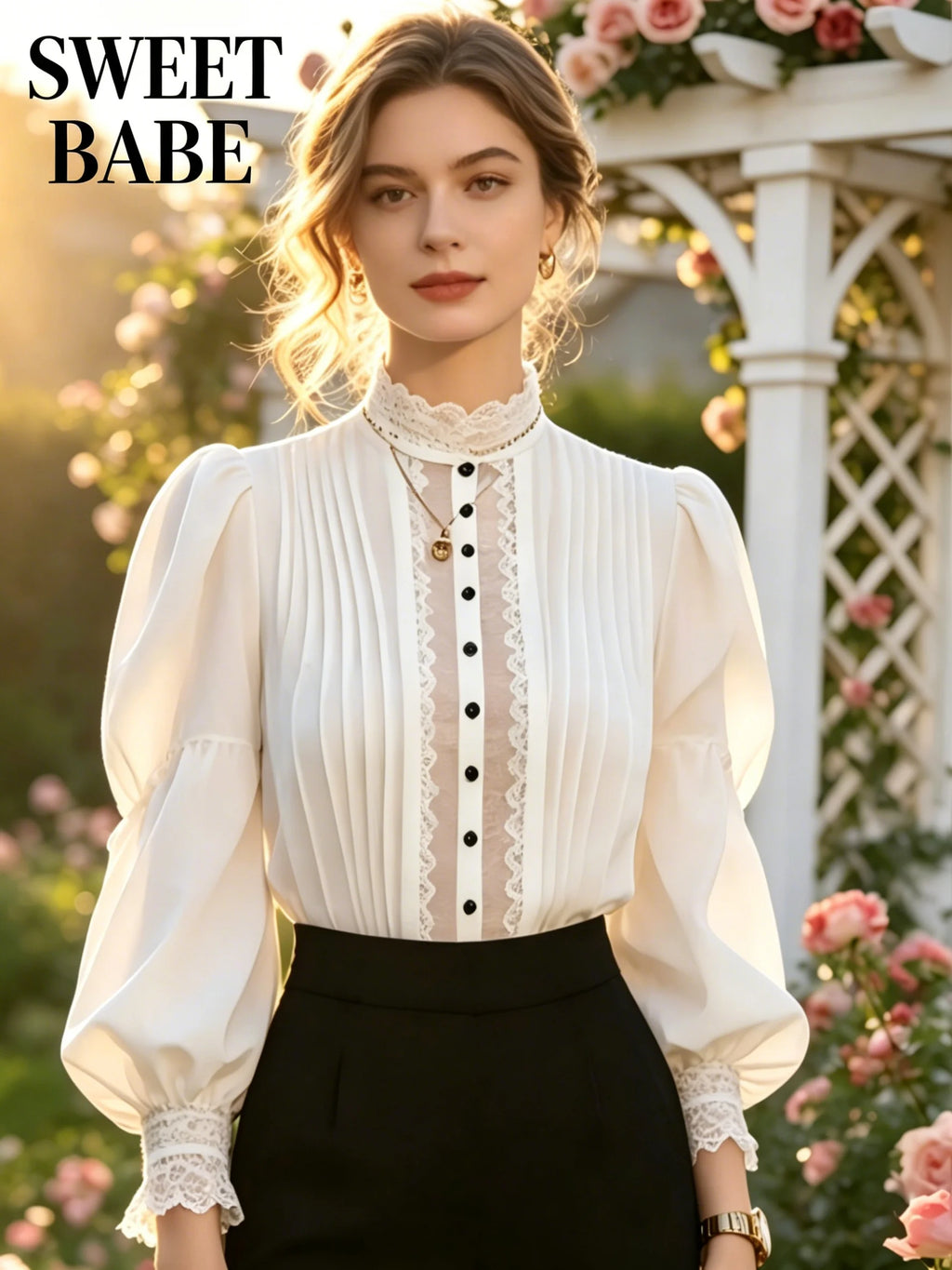 Victorian Style White Blouse with Black Lace Trim - Elegant Mock Neck Blouse with Puff Bishop Sleeves
