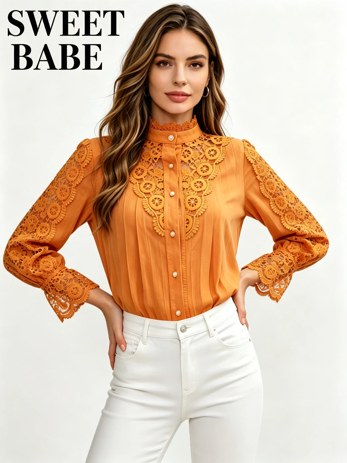 Women's Elegant Orange Lace Splicing Blouse Stand Button Up Long Sleeve Casual Shirt For Daily Wear