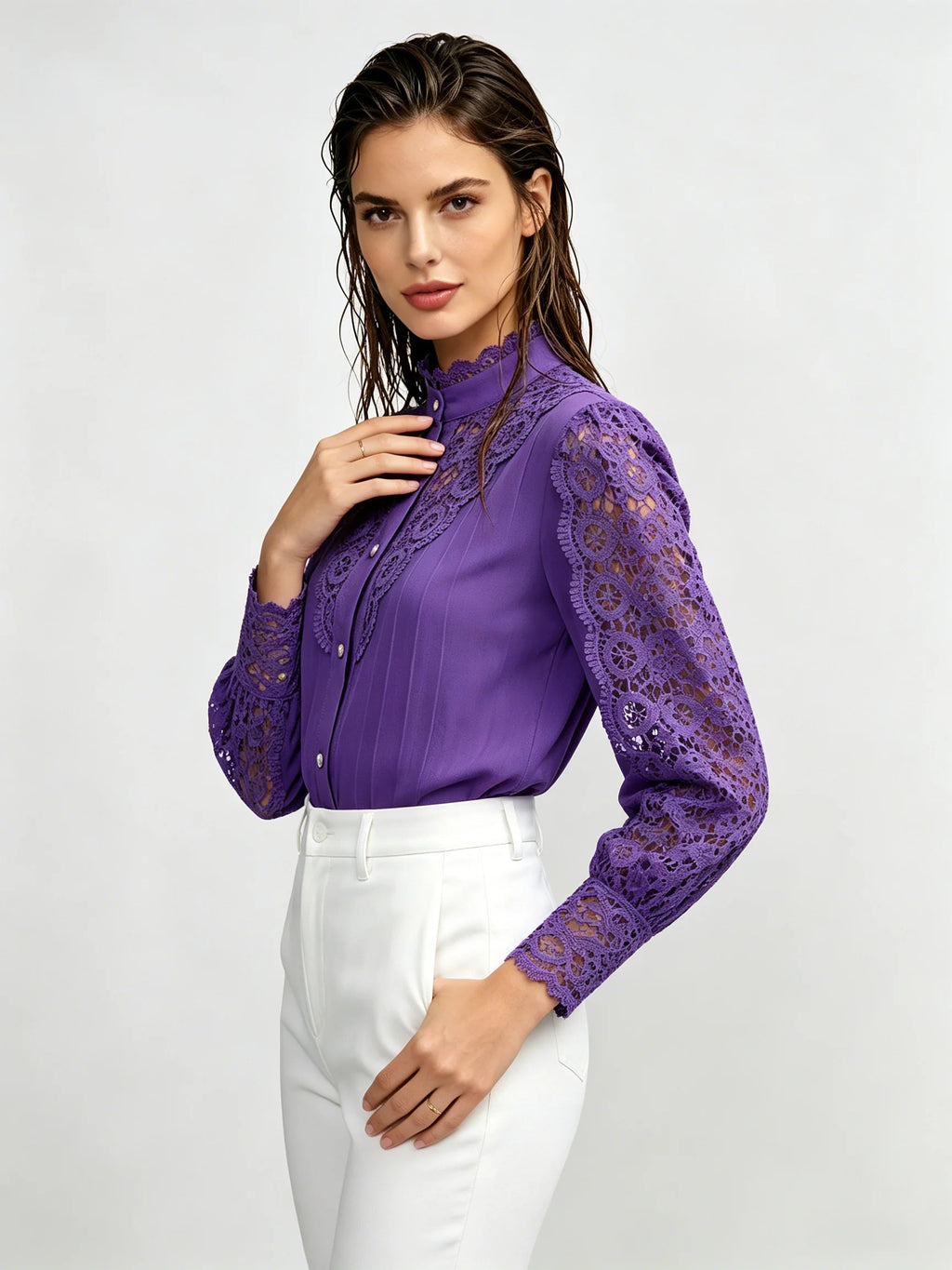 Women's Premium Purple Woven Stand Collar Blouse Winter Modern Elegance Style Wholesale