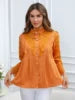 Women's Elegant Orange Lace Splicing Blouse Stand Button Up Long Sleeve Casual Shirt For Daily Wear