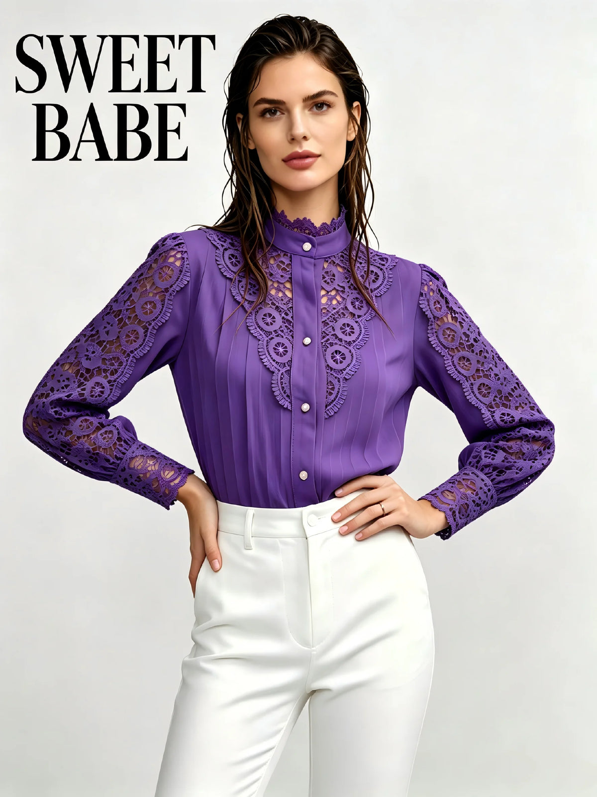 Women's Premium Purple Woven Stand Collar Blouse Winter Modern Elegance Style Wholesale
