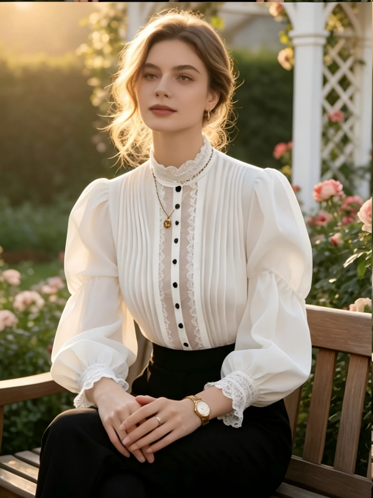 Victorian Style White Blouse with Black Lace Trim - Elegant Mock Neck Blouse with Puff Bishop Sleeves