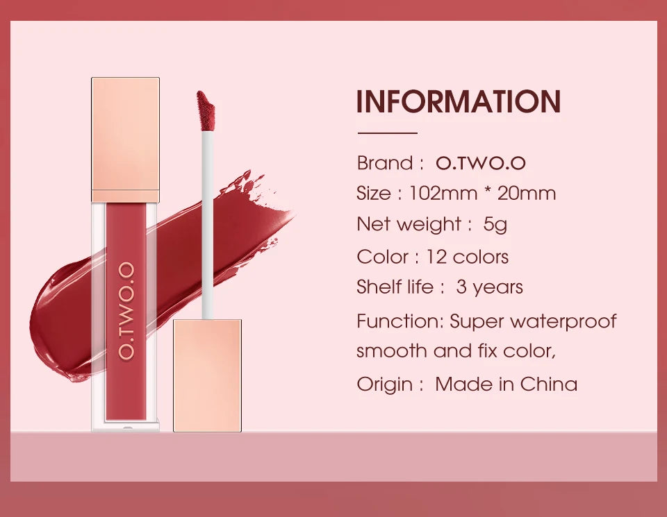 O.TWO.O 12 Color Liquid Lipstick Matte Finish Sexy Silky Lip Gloss Waterproof Kiss-proof Lasting Lip Glaze Lip Tint Cosmetics