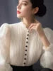 Elegant White Puff Sleeve Blouse Women's Peter Pan Collar Lace Trim Regular Fit Spring Summer Blouse