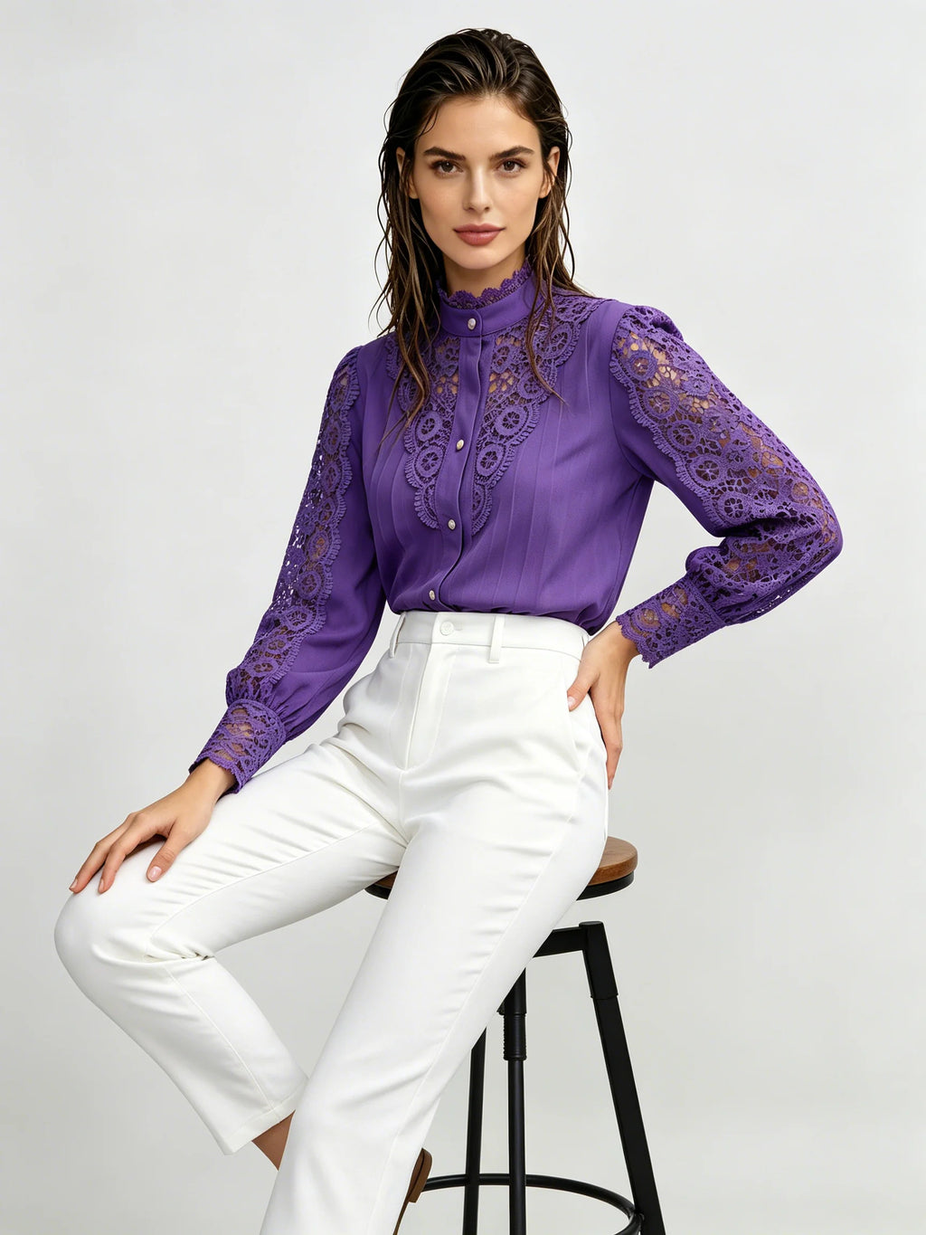 Women's Premium Purple Woven Stand Collar Blouse Winter Modern Elegance Style Wholesale