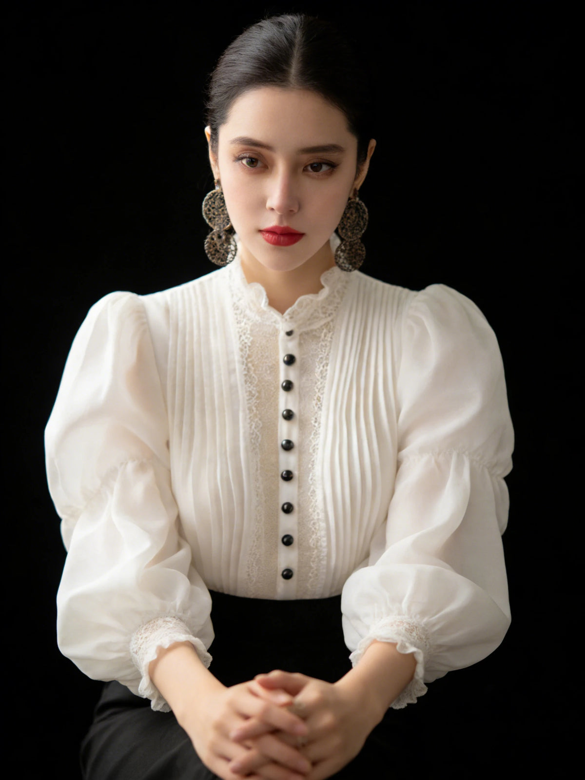 Elegant White Puff Sleeve Blouse Women's Peter Pan Collar Lace Trim Regular Fit Spring Summer Blouse
