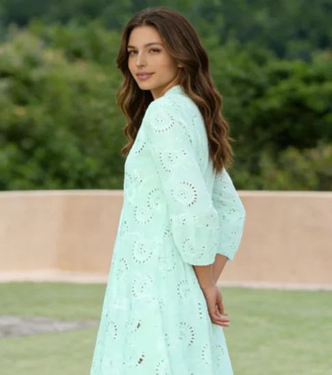 2026 New Loose Casual White Solid Knee-Length Open-Weave Embroidered Dress