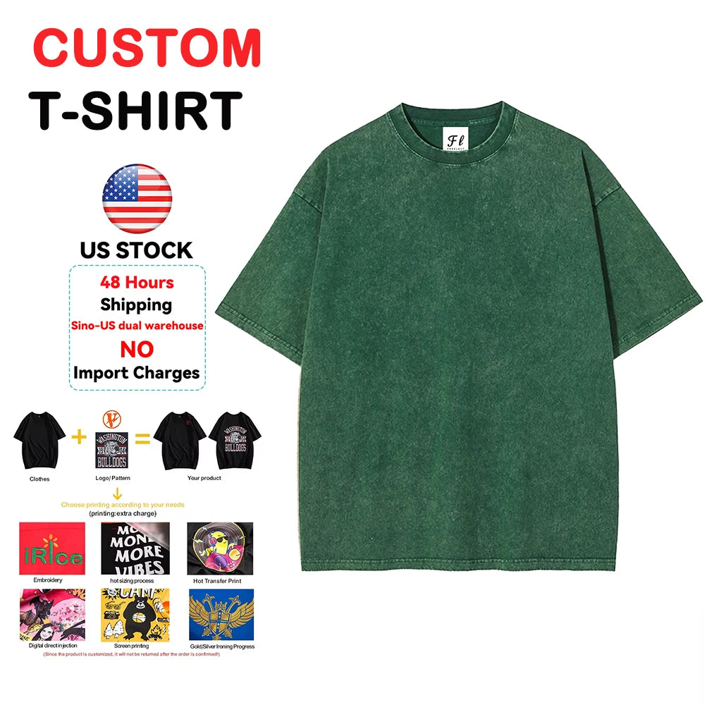 US Stock 260gsm Vintage Washed Cotton T Shirt Men Heavyweight Blank Tee Bulk Supply