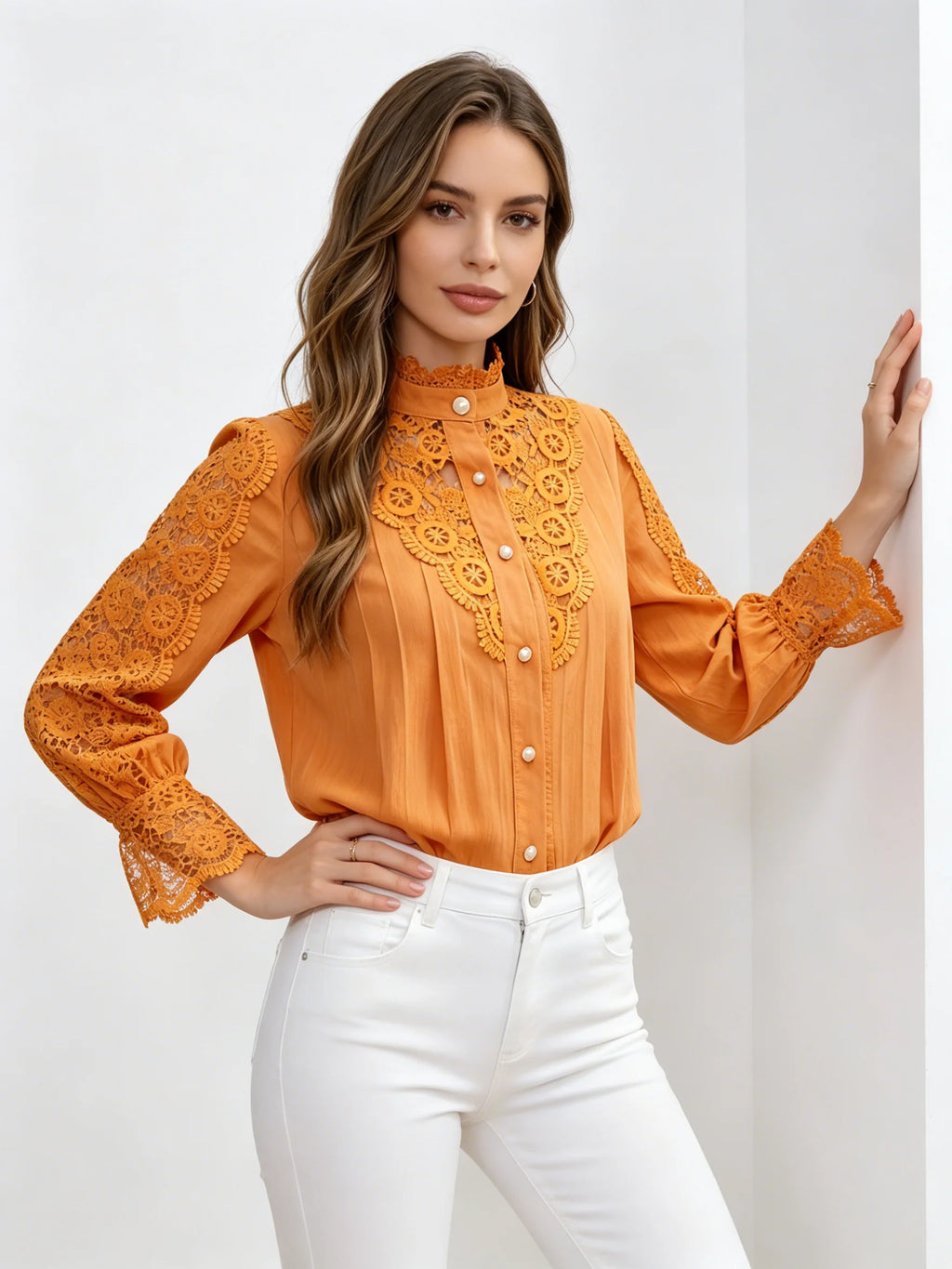 Women's Elegant Orange Lace Splicing Blouse Stand Button Up Long Sleeve Casual Shirt For Daily Wear
