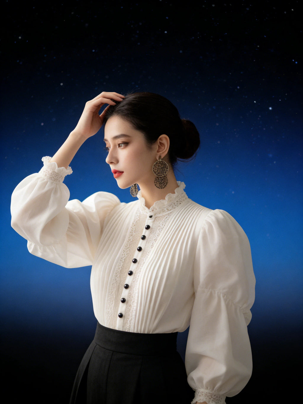 Elegant White Puff Sleeve Blouse Women's Peter Pan Collar Lace Trim Regular Fit Spring Summer Blouse