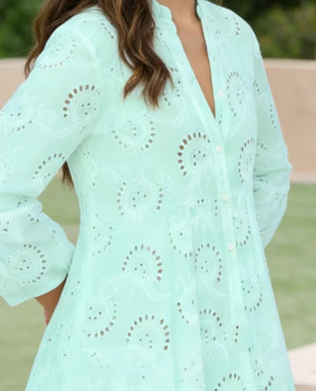 2026 New Loose Casual White Solid Knee-Length Open-Weave Embroidered Dress