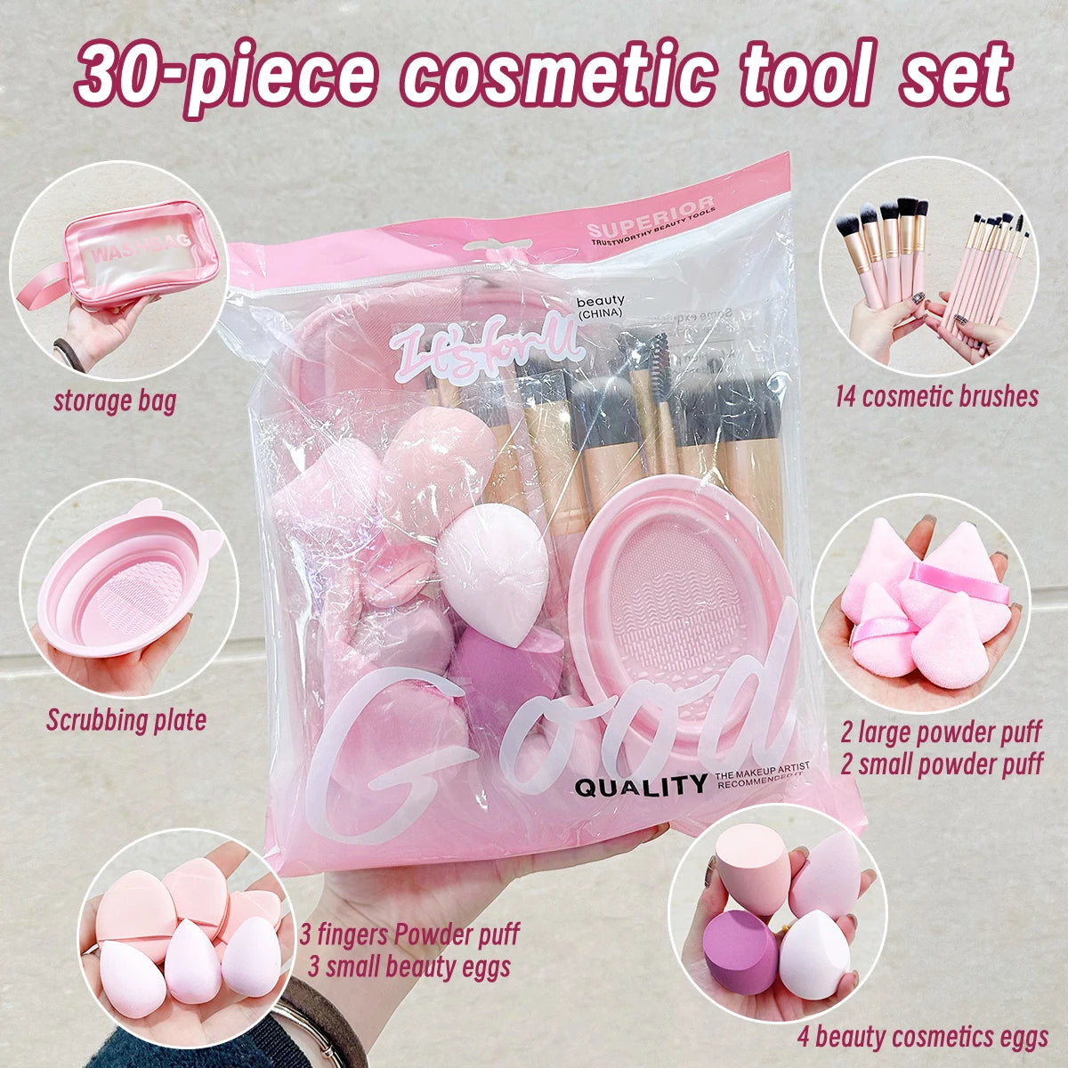 30 Professional Makeup Brush Sets, Including Makeup Brushes, Puff Cleaning Tools, Storage Bags, Portable, Christmas Gifts.