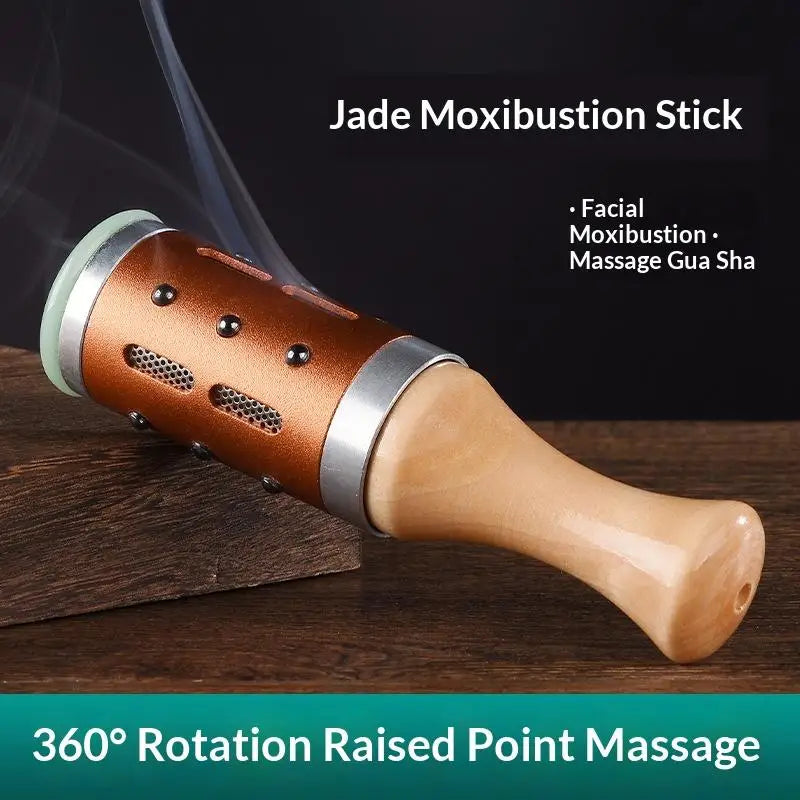 Jade Gua Sha Moxibustion Stick 360° Rotation Raised Point Massage Tool 1 Set for Facial Skin Care Body Stress Relief