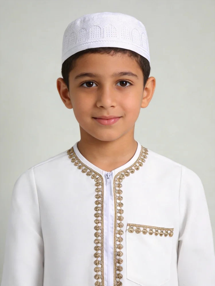 Boys Arabic Thobe White Gold Embroidered Long Sleeve Robe with Kufi Hat Traditional Middle East Dishdasha Kids Elegant Outfit Pe