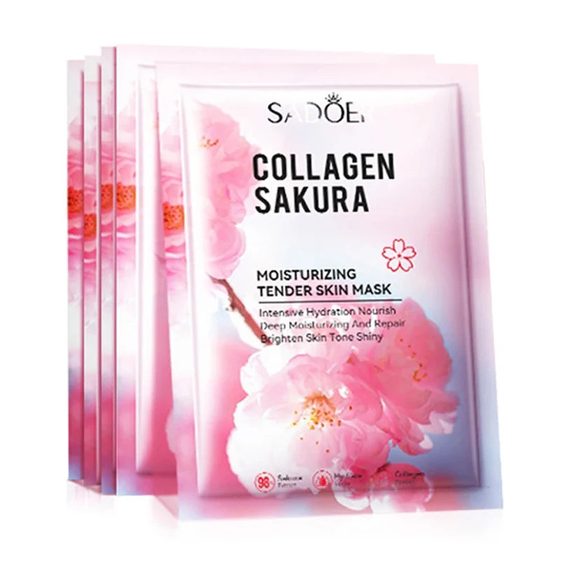 5pcs SADOER Sakura Face Mask Facial Skincare Moisturizing Brightening Hydrating Firming Collagen Facial Masks Face Sheet Mask