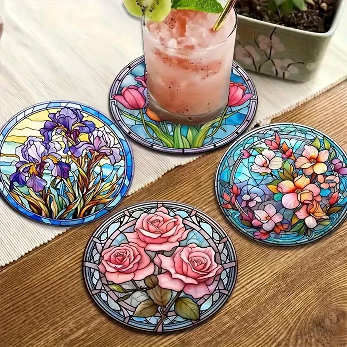 8-Piece Floral Themed Wooden Coaster Set, Round and Durable Composite Wooden Coaster for Desktop Protection