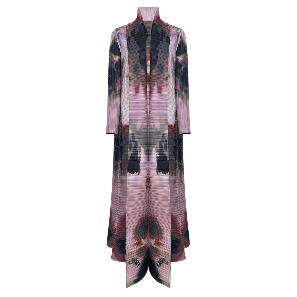Miyake Pleated Long Sleeve Turndown Collar Cardigan Fashionable Printed Abaya Women 2026 New Dubai Designer Elegant Loose Coats