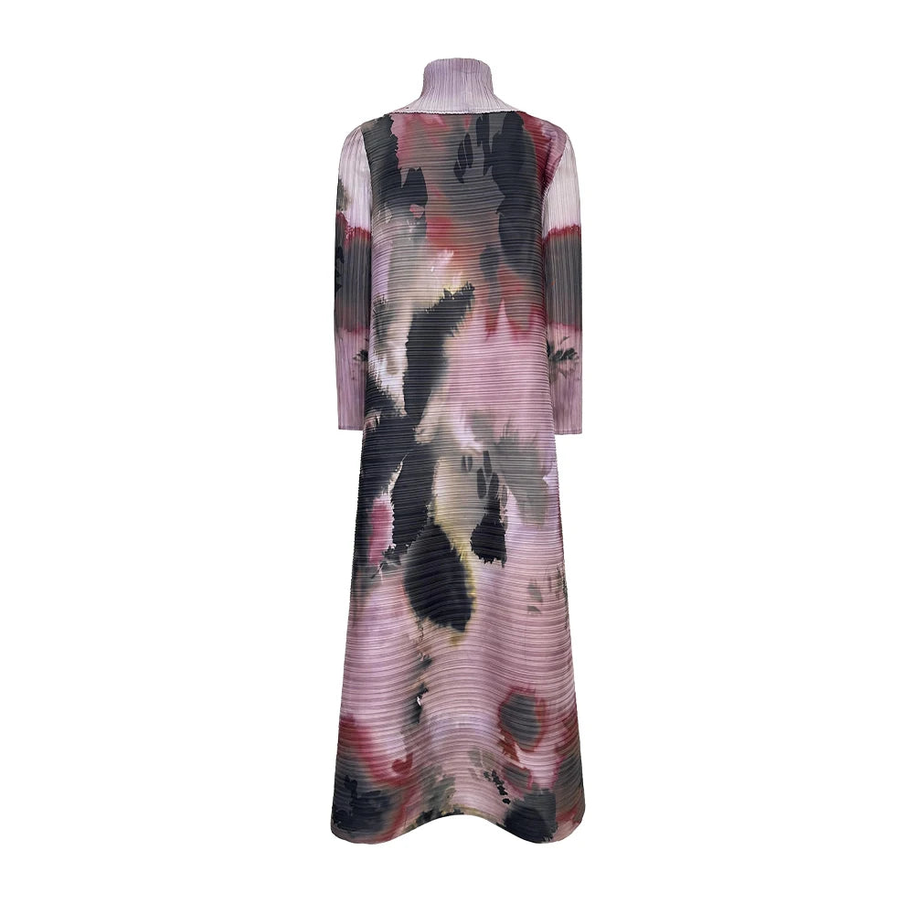 Miyake Pleated Long Sleeve Turndown Collar Cardigan Fashionable Printed Abaya Women 2026 New Dubai Designer Elegant Loose Coats