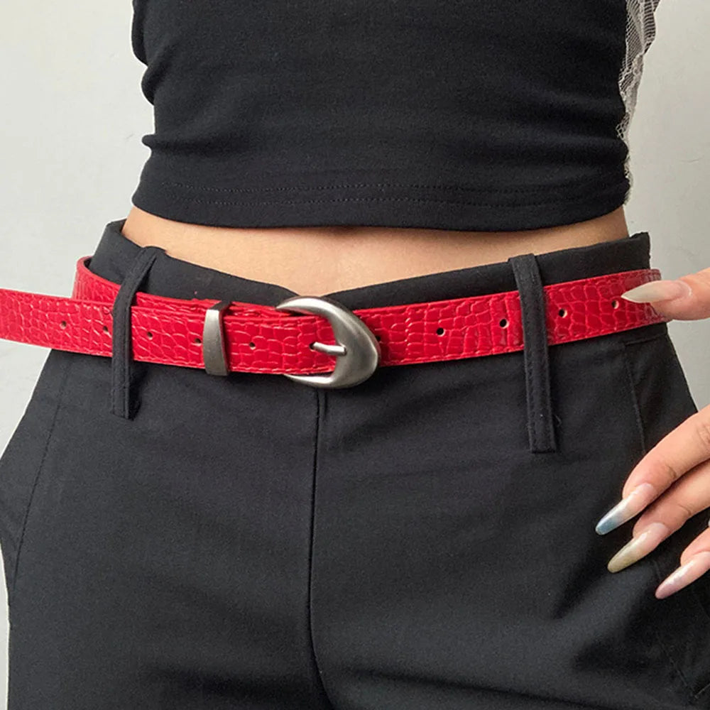 Vintage Classic Crocodile Pattern Belts Y2K Women Belt American Fashion Belt Simple Pin Buckle Red Black Skirts Jeans Waist Belt