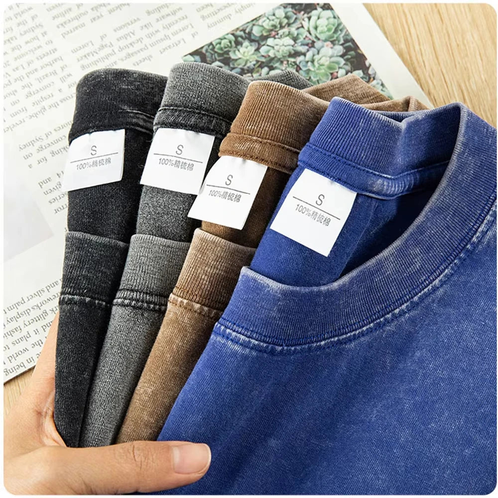 Washed And Distressed 230g Heavyweight Cotton Short Sleeved T-shirt Versatile Men Women Summer Solid Color Loose T Shirts Top