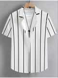 Light Wrinkle Resistant Hawaii Shirt Men Simple Vertical Striped Print Loose Summer Travel Casual Blouse
