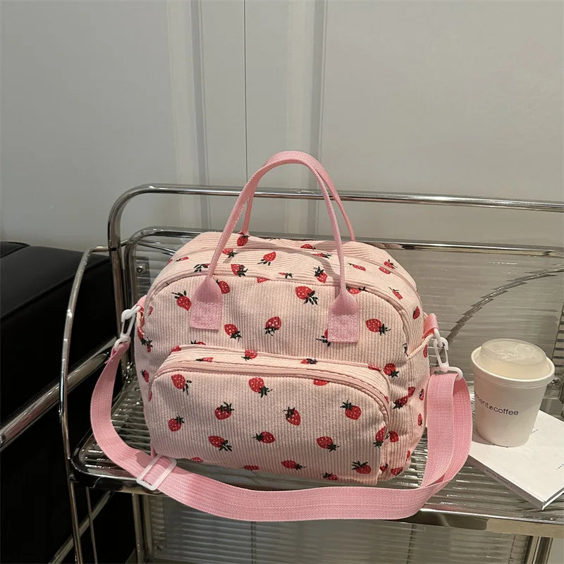 Strawberry Shoulder Bag Fashion Corduroy tote bags Large Capacity females women handbag Adjustable Strap Outdoor Travel Bag 2025