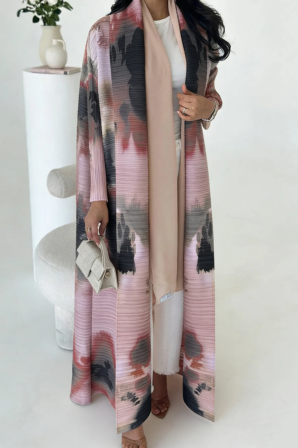 Miyake Pleated Long Sleeve Turndown Collar Cardigan Fashionable Printed Abaya Women 2026 New Dubai Designer Elegant Loose Coats