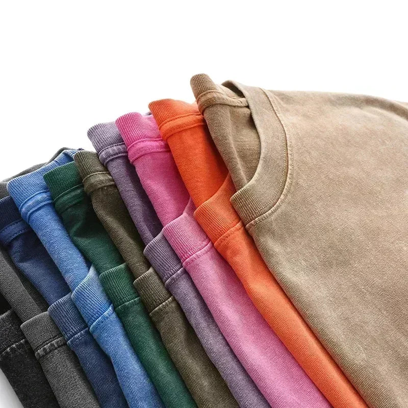Washed And Distressed 230g Heavyweight Cotton Short Sleeved T-shirt Versatile Men Women Summer Solid Color Loose T Shirts Top