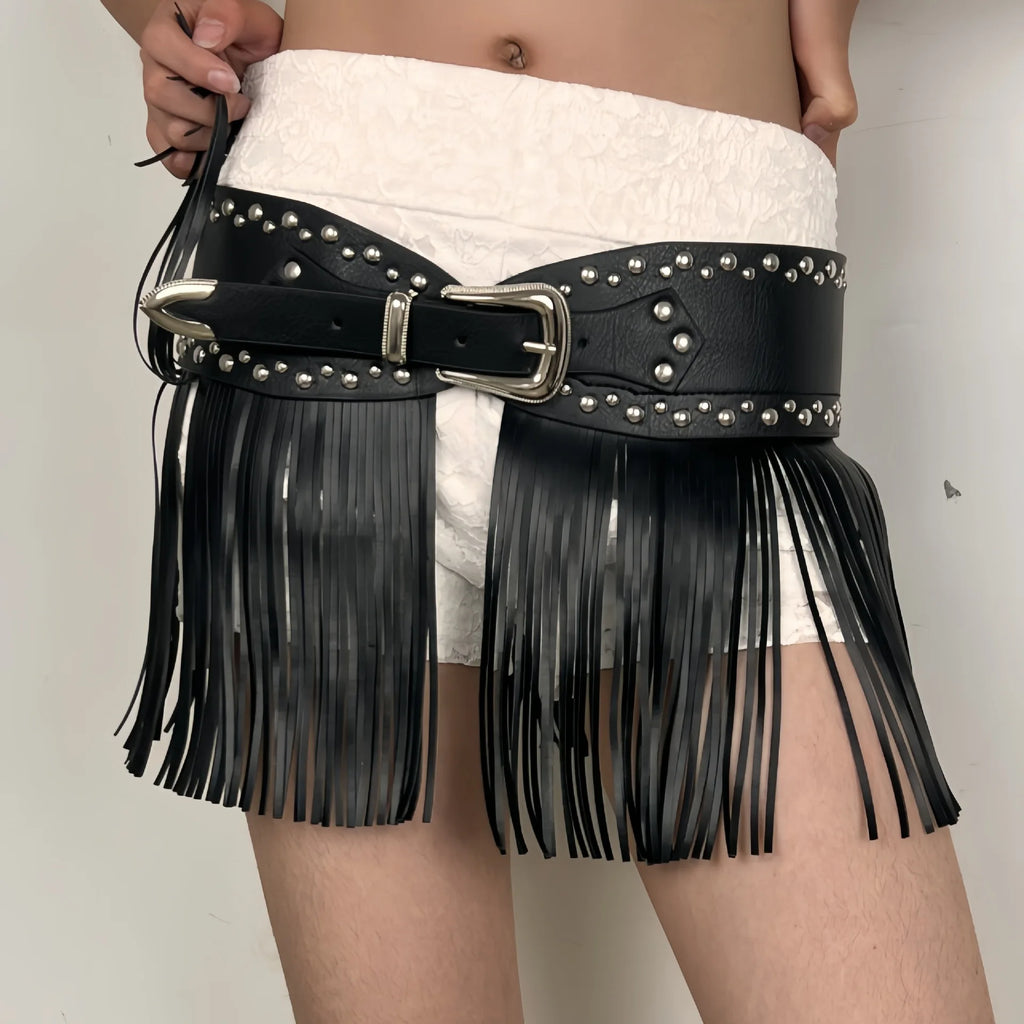 Retro Belt Western Cowboy Fringe Belt Bohemian-style Wide Waist Belt With Tassels Gothic Punk Fashion Belt Pu Material