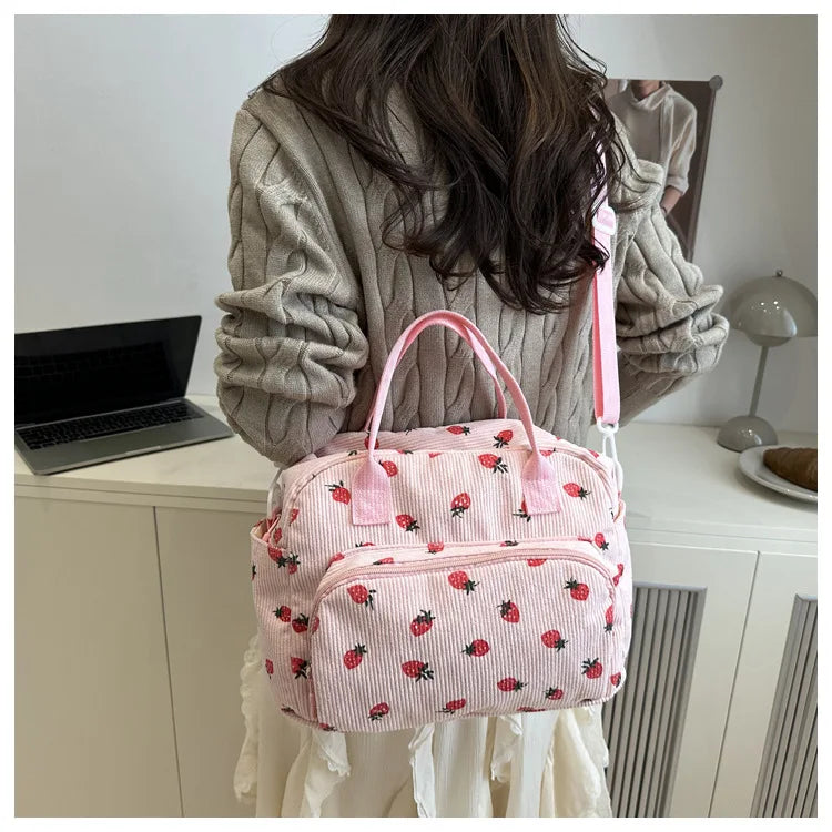 Strawberry Shoulder Bag Fashion Corduroy tote bags Large Capacity females women handbag Adjustable Strap Outdoor Travel Bag 2025