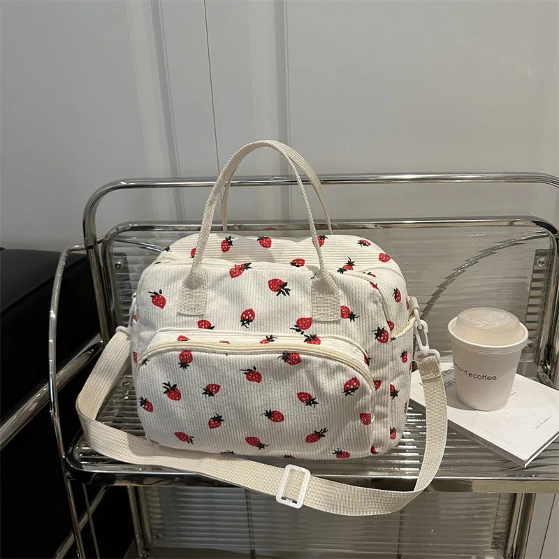 Strawberry Shoulder Bag Fashion Corduroy tote bags Large Capacity females women handbag Adjustable Strap Outdoor Travel Bag 2025