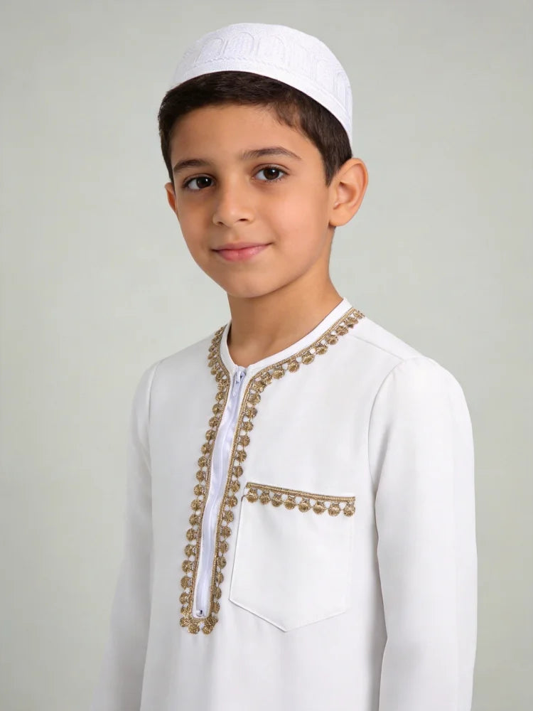 Boys Arabic Thobe White Gold Embroidered Long Sleeve Robe with Kufi Hat Traditional Middle East Dishdasha Kids Elegant Outfit Pe