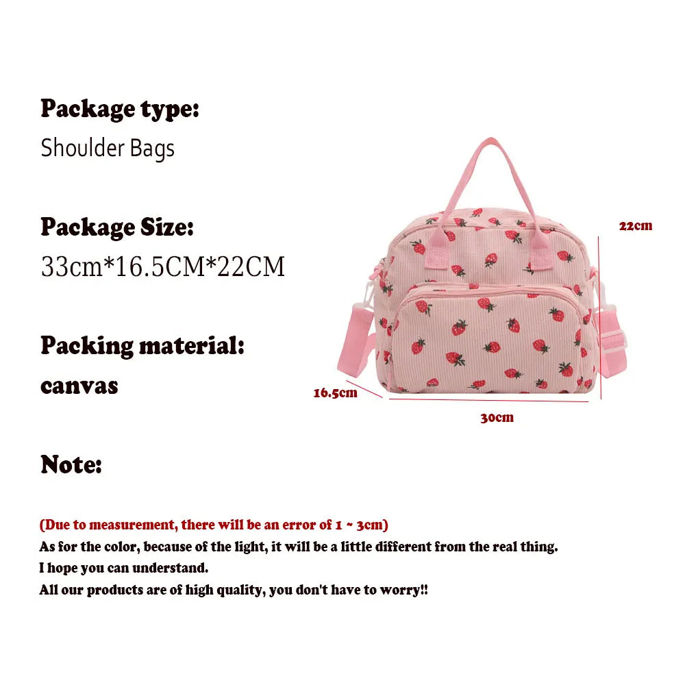 Strawberry Shoulder Bag Fashion Corduroy tote bags Large Capacity females women handbag Adjustable Strap Outdoor Travel Bag 2025