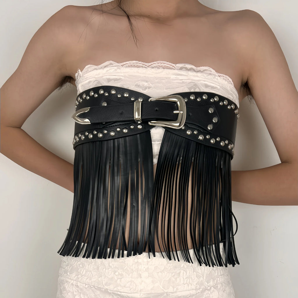 Retro Belt Western Cowboy Fringe Belt Bohemian-style Wide Waist Belt With Tassels Gothic Punk Fashion Belt Pu Material