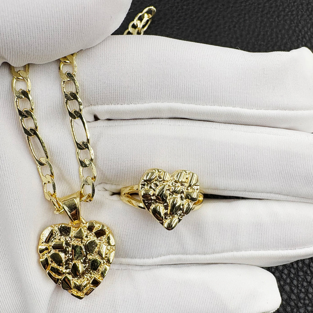 14k gold plated heart shape necklace and nugget ring hip hop fashion jewelry set with cookie texture for women