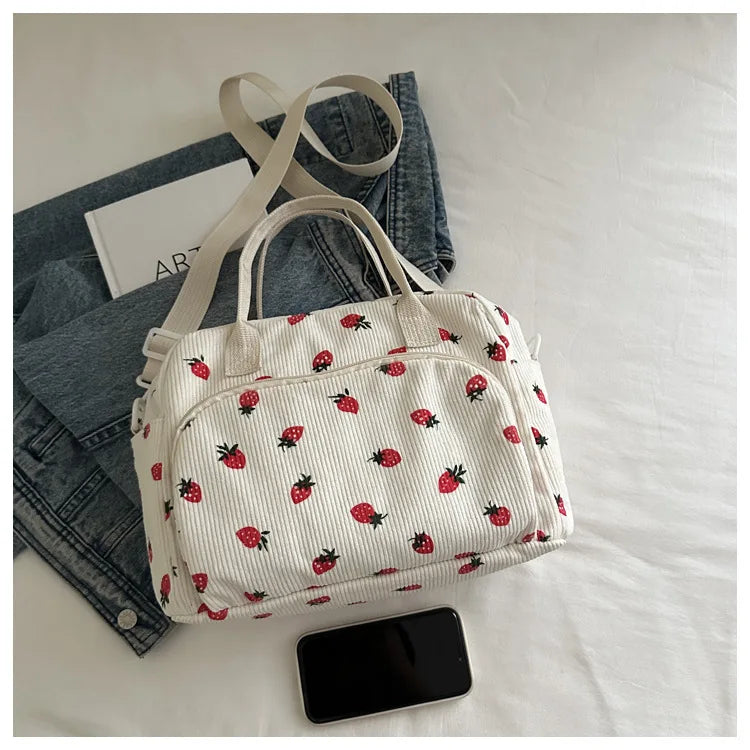 Strawberry Shoulder Bag Fashion Corduroy tote bags Large Capacity females women handbag Adjustable Strap Outdoor Travel Bag 2025
