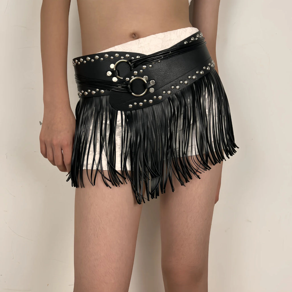 Retro Belt Western Cowboy Fringe Belt Bohemian-style Wide Waist Belt With Tassels Gothic Punk Fashion Belt Pu Material