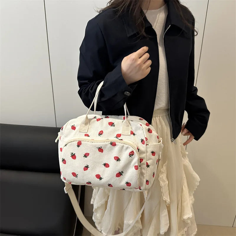 Strawberry Shoulder Bag Fashion Corduroy tote bags Large Capacity females women handbag Adjustable Strap Outdoor Travel Bag 2025