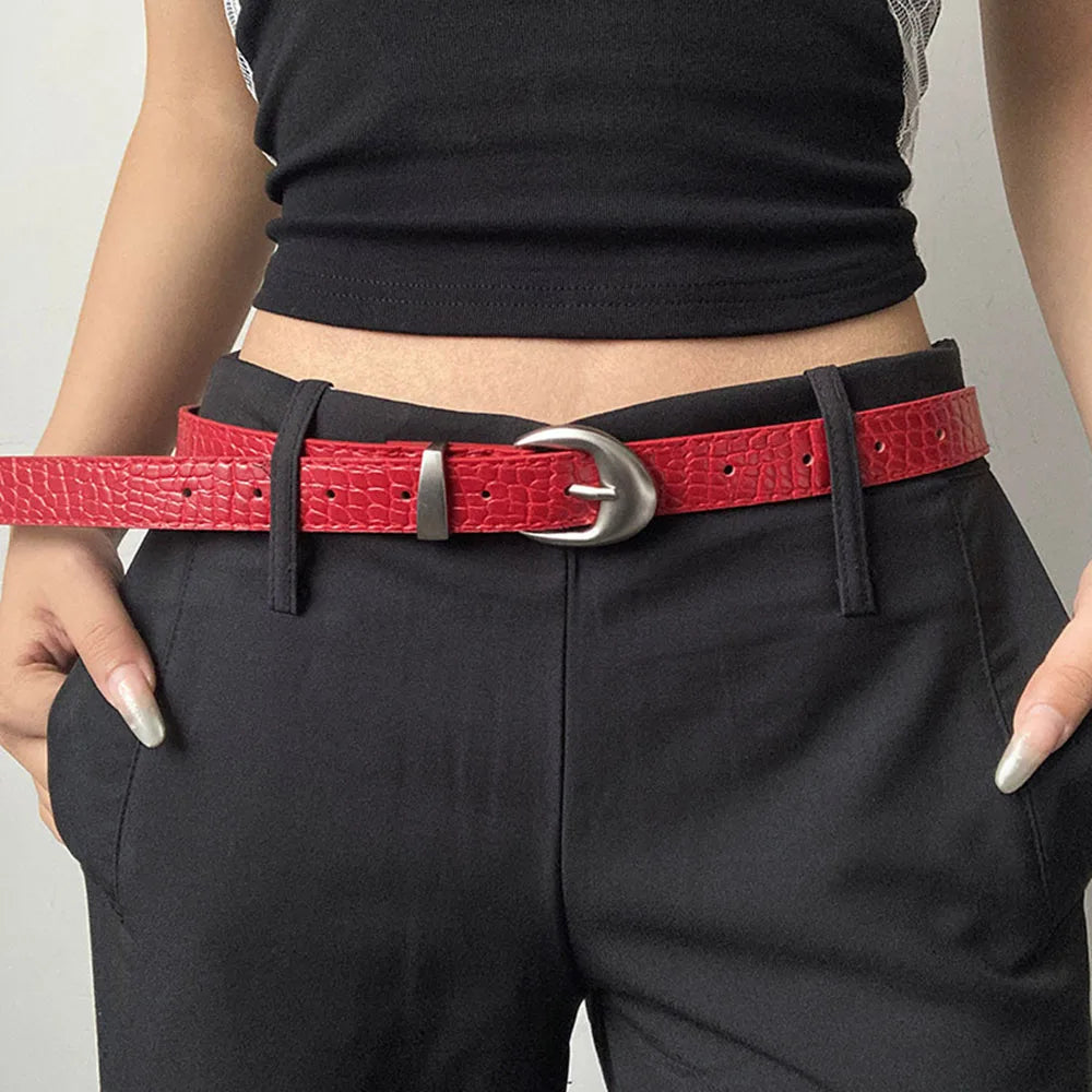 Vintage Classic Crocodile Pattern Belts Y2K Women Belt American Fashion Belt Simple Pin Buckle Red Black Skirts Jeans Waist Belt