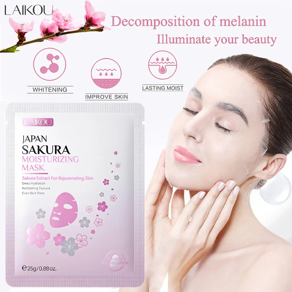 LAIKOU Japan Sakura Moisturizing Face Mask Deep Hydration Brightening Skin Care Facial Sheet Mask for Dry Skin