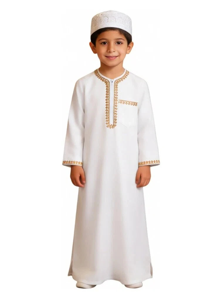 Boys Arabic Thobe White Gold Embroidered Long Sleeve Robe with Kufi Hat Traditional Middle East Dishdasha Kids Elegant Outfit Pe